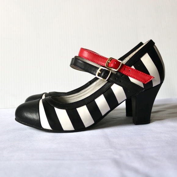 Lola Ramona Leather Heels Black White Red Stripes Ankle Straps Retro Women's 39 - Picture 3 of 10